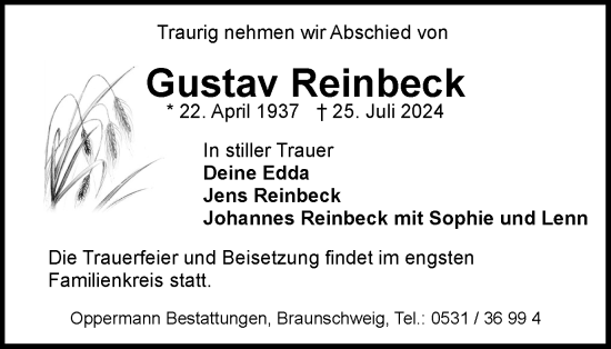 Traueranzeige von Gustav Reinbeck von Wolfenbütteler Zeitung