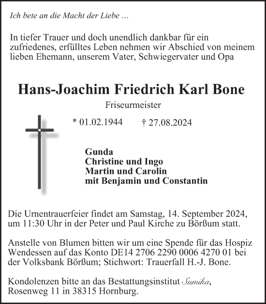 Traueranzeige von Hans-Joachim Friedrich Karl Bone von Wolfenbütteler Zeitung