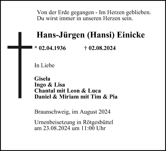Traueranzeige von Hans-Jürgen Einicke von Braunschweiger Zeitung