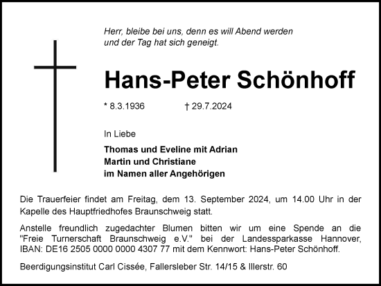 Traueranzeige von Hans-Peter Schönhoff von Braunschweiger Zeitung