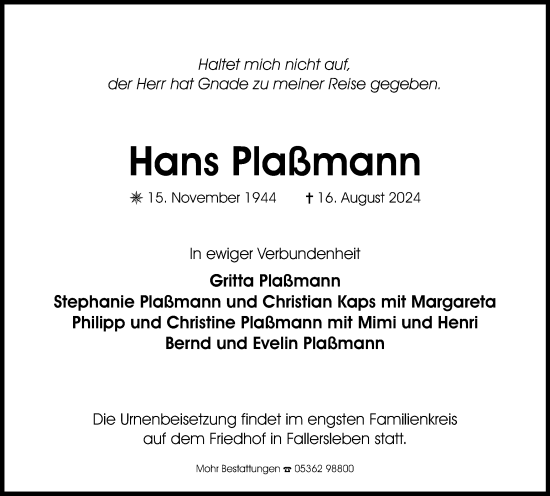 Traueranzeige von Hans Plaßmann von Wolfsburger Nachrichten