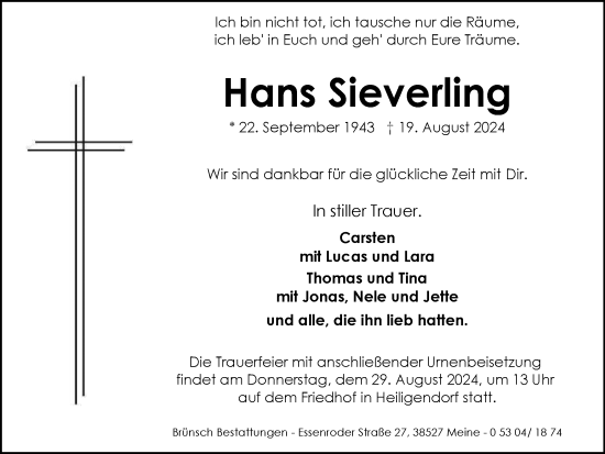Traueranzeige von Hans Sieverling von Wolfsburger Nachrichten