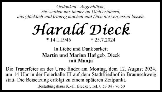Traueranzeige von Harald Dieck von Braunschweiger Zeitung