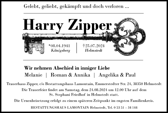 Traueranzeige von Harry Zipper von Helmstedter Nachrichten