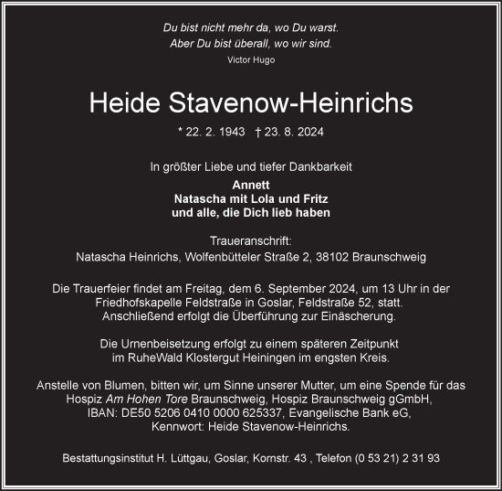 Traueranzeige von Heide Stavenow-Heinrichs von Braunschweiger Zeitung