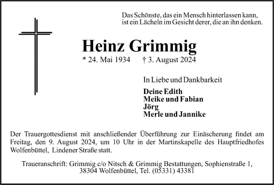 Traueranzeige von Heinz Grimmig von Wolfenbütteler Zeitung