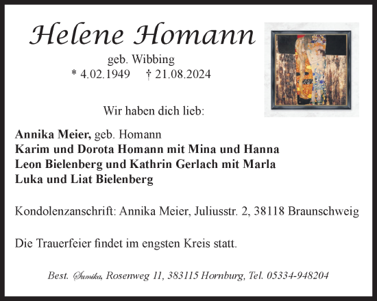 Traueranzeige von Helene Homann von Braunschweiger Zeitung