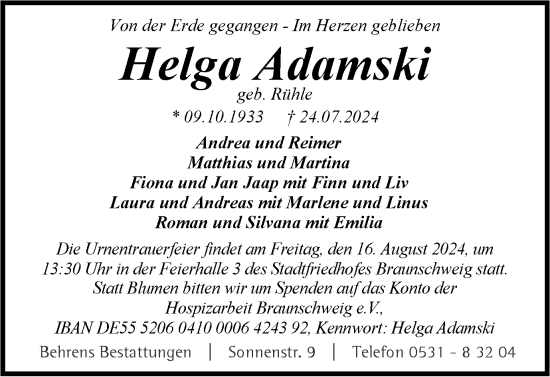 Traueranzeige von Helga Adamski von Braunschweiger Zeitung