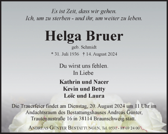 Traueranzeige von Helga Bruer von Braunschweiger Zeitung
