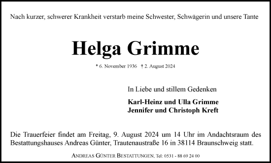 Traueranzeige von Helga Grimme von Braunschweiger Zeitung