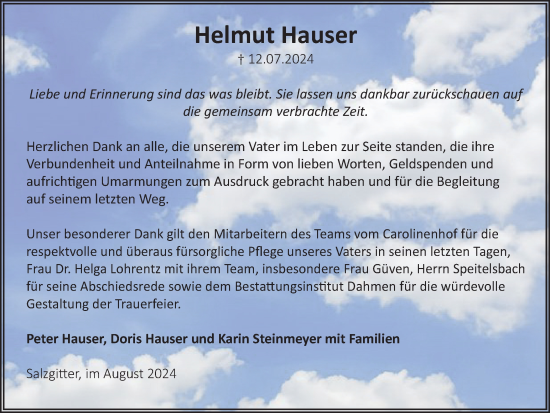 Traueranzeige von Helmut Hauser von Salzgitter-Zeitung