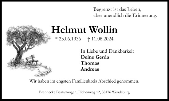 Traueranzeige von Helmut Wollin von Braunschweiger Zeitung