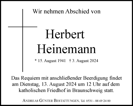 Traueranzeige von Herbert Heinemann von Braunschweiger Zeitung