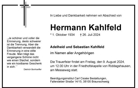 Traueranzeige von Hermann Kahlfeld von Neue Braunschweiger am Samstag