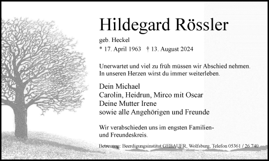 Traueranzeige von Hildegard Rössler von Wolfsburger Nachrichten