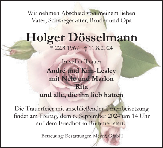 Traueranzeige von Holger Dösselmann von Wolfsburger Nachrichten