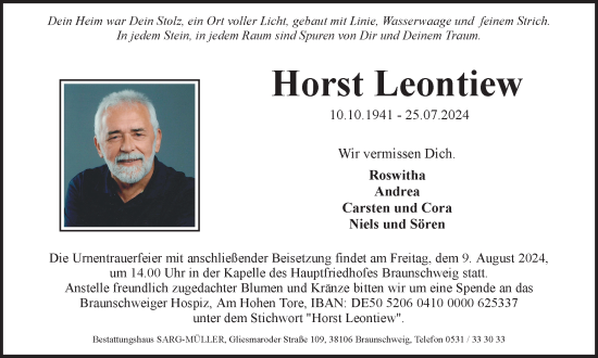 Traueranzeige von Horst Leontiew von Braunschweiger Zeitung