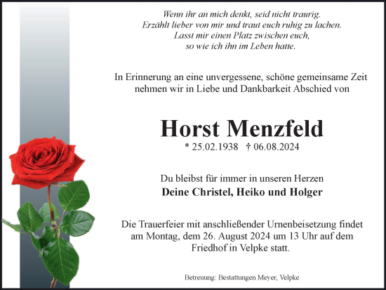 Traueranzeige von Horst Menzfeld von Wolfsburger Nachrichten