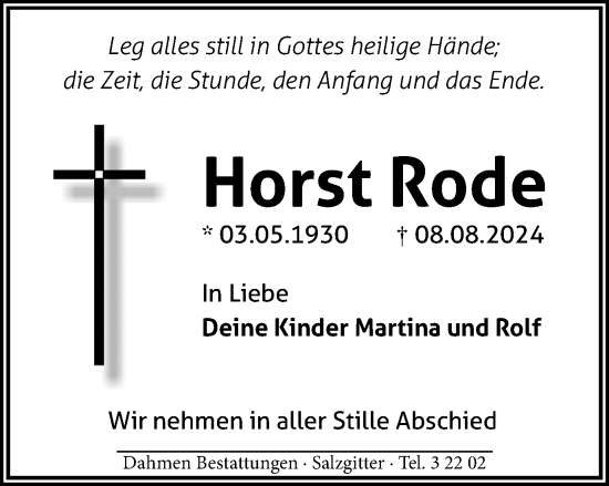 Traueranzeige von Horst Rode von Salzgitter-Zeitung
