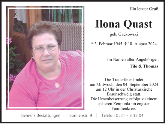 Traueranzeige von Ilona Quast von Braunschweiger Zeitung