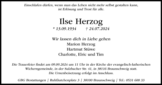 Traueranzeige von Ilse Herzog von Braunschweiger Zeitung