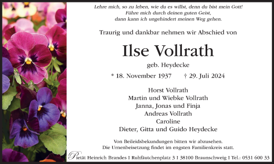 Traueranzeige von Ilse Vollrath von Braunschweiger Zeitung
