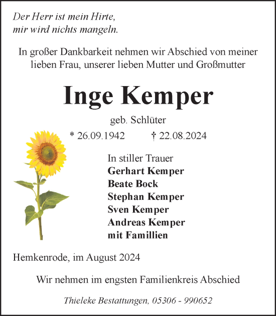Traueranzeige von Inge Kemper von Wolfenbütteler Zeitung