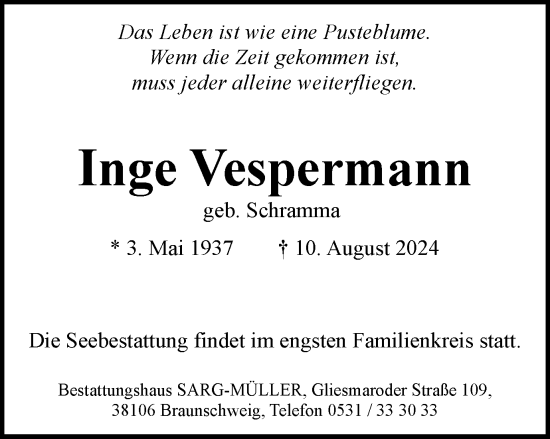 Traueranzeige von Inge Vespermann von Braunschweiger Zeitung