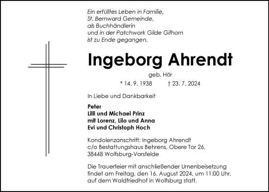 Traueranzeige von Ingeborg Ahrendt von Wolfsburger Nachrichten