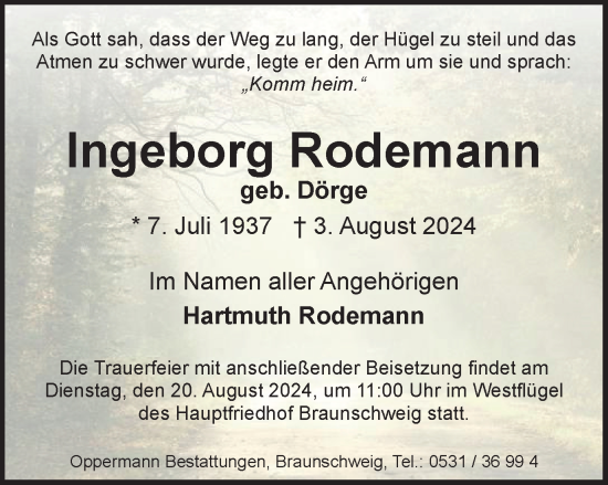 Traueranzeige von Ingeborg Rodemann von Braunschweiger Zeitung, Helmstedter Nachrichten