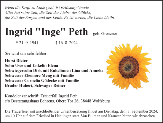 Traueranzeige von Ingrid Peth von Wolfsburger Nachrichten