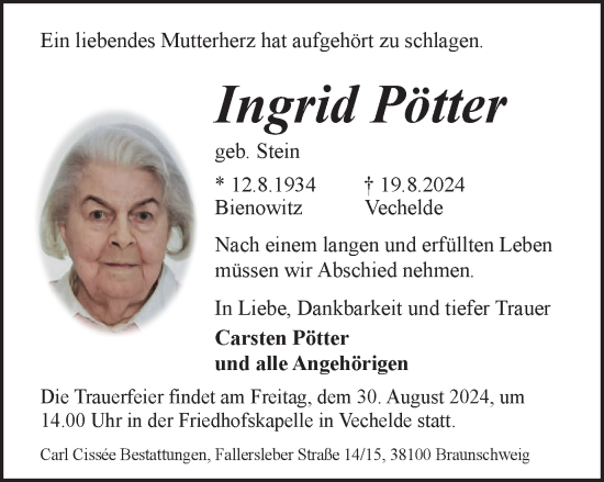 Traueranzeige von Ingrid Pötter von Braunschweiger Zeitung