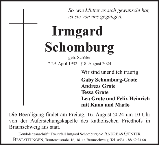Traueranzeige von Irmgard Schomburg von Braunschweiger Zeitung