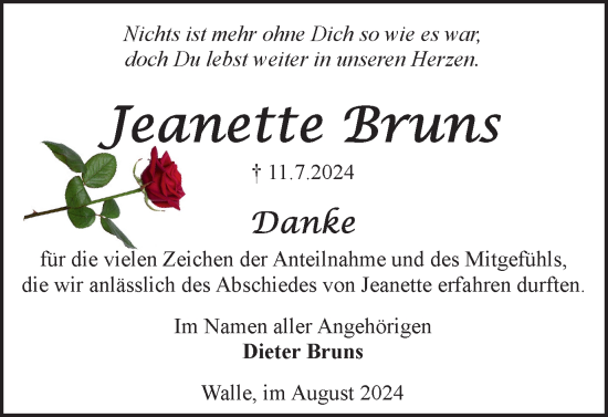 Traueranzeige von Jeanette Bruns von Braunschweiger Zeitung