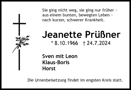 Traueranzeige von Jeanette Prüßner von Helmstedter Nachrichten