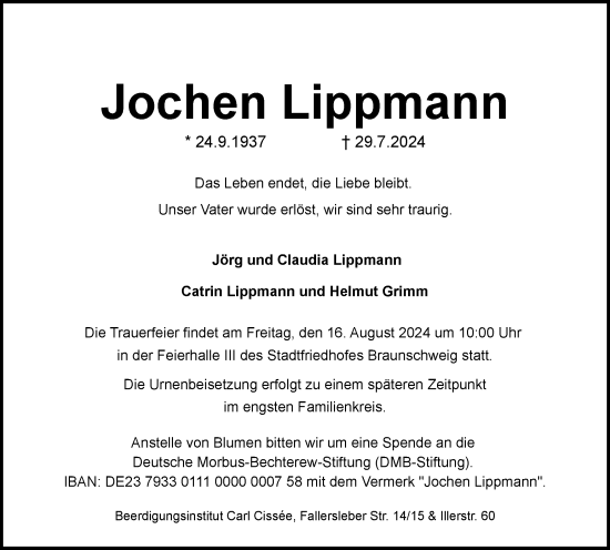 Traueranzeige von Jochen Lippmann von Braunschweiger Zeitung