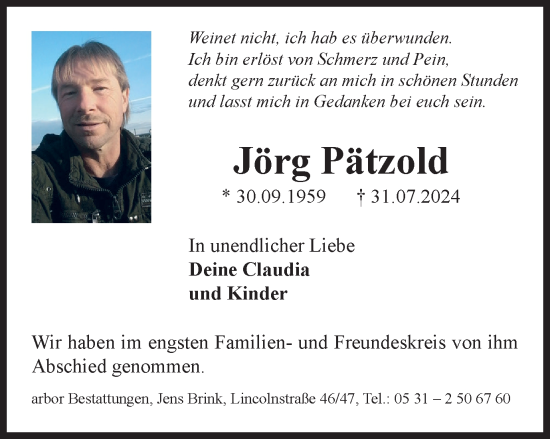Traueranzeige von Jörg Pätzold von Braunschweiger Zeitung