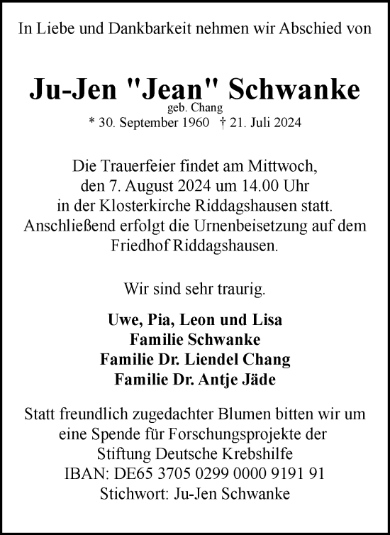 Traueranzeige von Ju-Jen Schwanke von Braunschweiger Zeitung