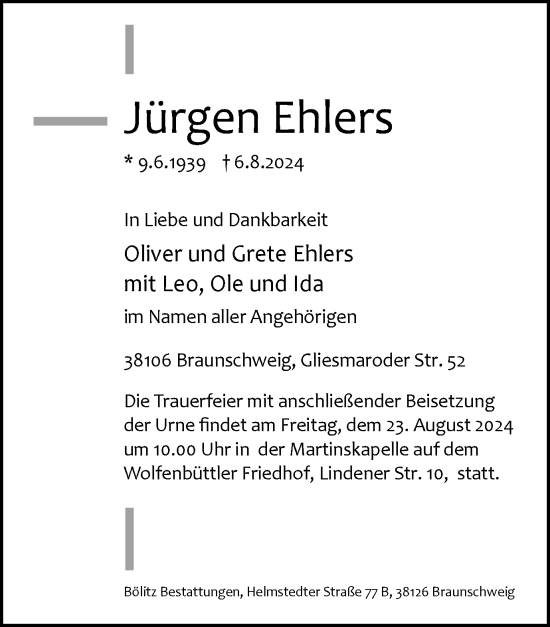 Traueranzeige von Jürgen Ehlers von Wolfenbütteler Zeitung
