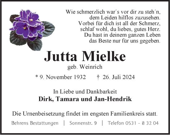 Traueranzeige von Jutta Mielke von Braunschweiger Zeitung
