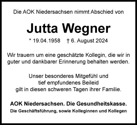 Traueranzeige von Jutta Wegner von Braunschweiger Zeitung