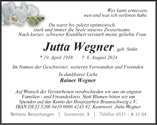 Traueranzeige von Jutta Wegner von Braunschweiger Zeitung