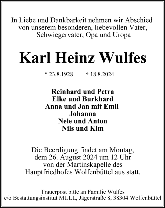 Traueranzeige von Karl Heinz Wulfes von Wolfenbütteler Zeitung