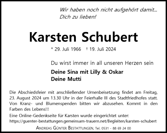 Traueranzeige von Karsten Schubert von Braunschweiger Zeitung