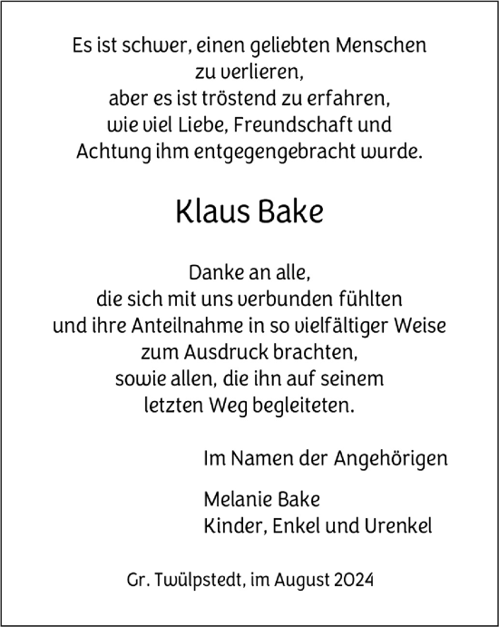 Traueranzeige von Klaus Bake von Wolfsburger Nachrichten
