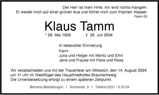 Traueranzeige von Klaus Tamm von Braunschweiger Zeitung