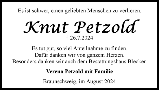 Traueranzeige von Knut Petzold von Braunschweiger Zeitung
