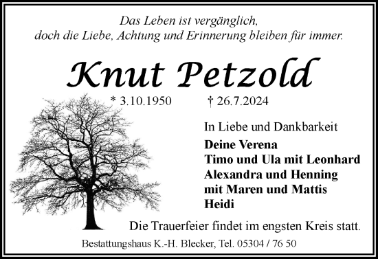 Traueranzeige von Knut Petzold von Braunschweiger Zeitung