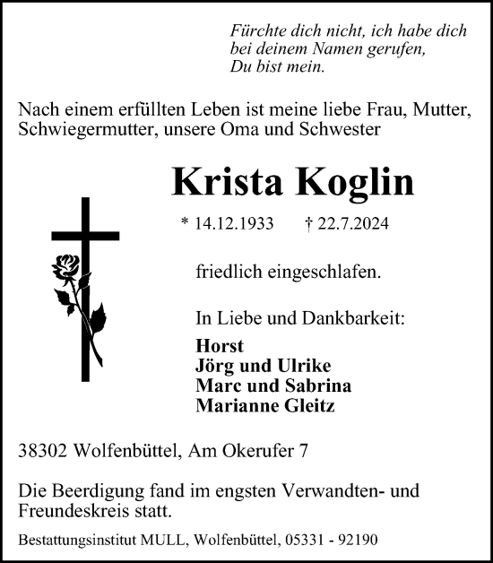Traueranzeige von Krista Koglin von Wolfenbütteler Zeitung