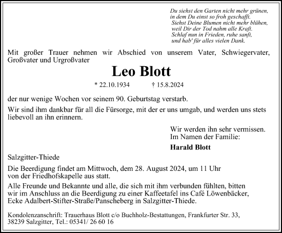 Traueranzeige von Leo Blott von Salzgitter-Zeitung